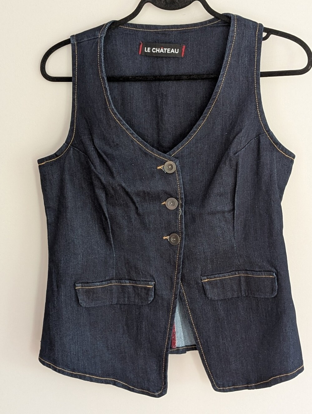 Le Château Dark Wash Denim Vest Waistcoat Button Front Size S